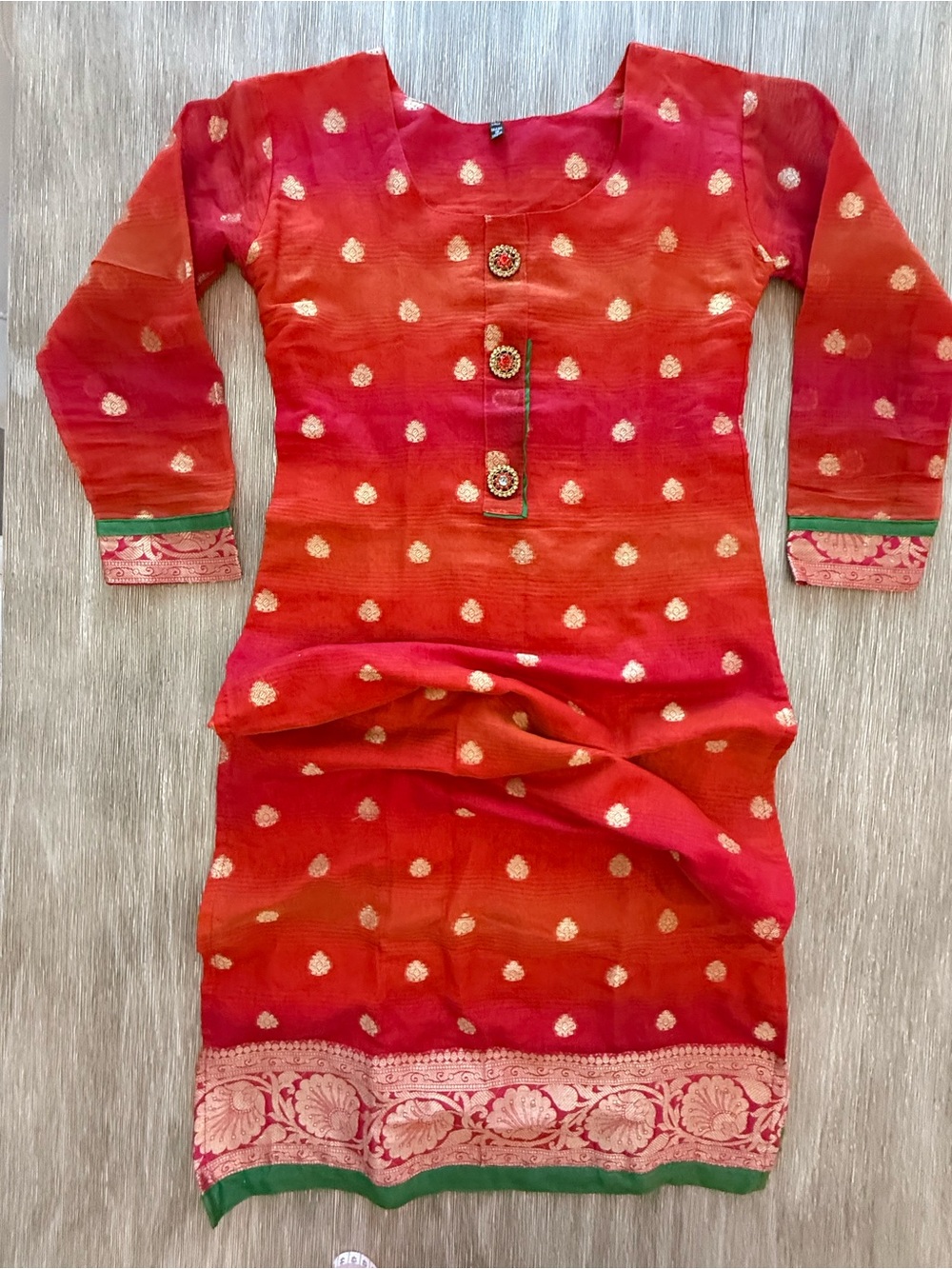 Red & orange ombré gold embroidered kurti tunic made in India XS